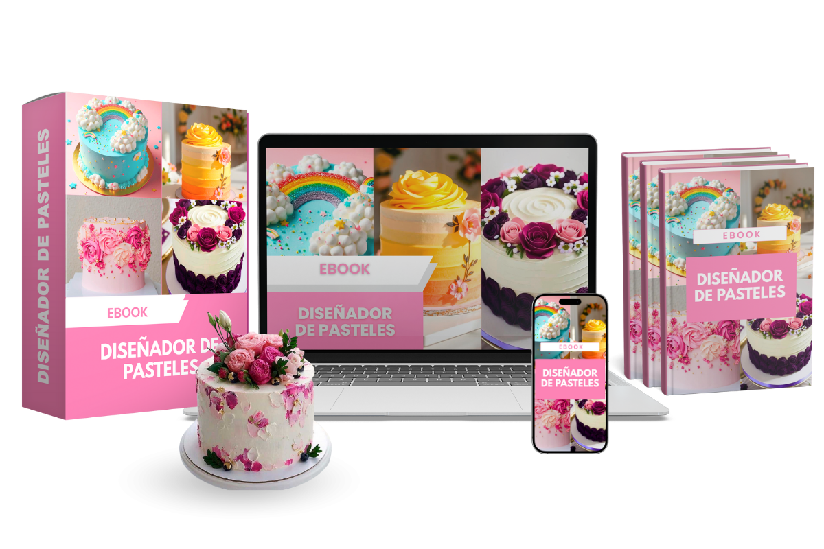 Ebook Diseñador de Pasteles en caja, laptop, móvil y libros